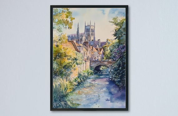 Historic English Cathedral City River Bridge Watercolor Town Poster