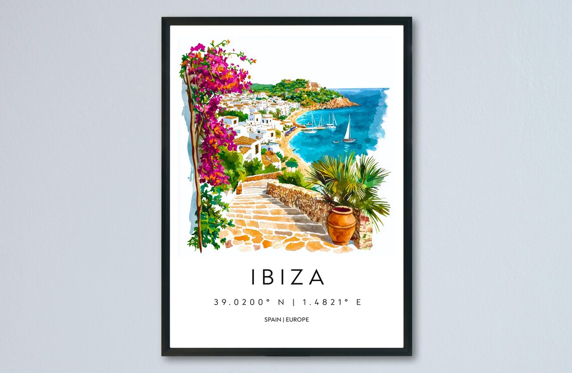 Ibiza Spain White Village Bougainvillea Bay Watercolor Poster