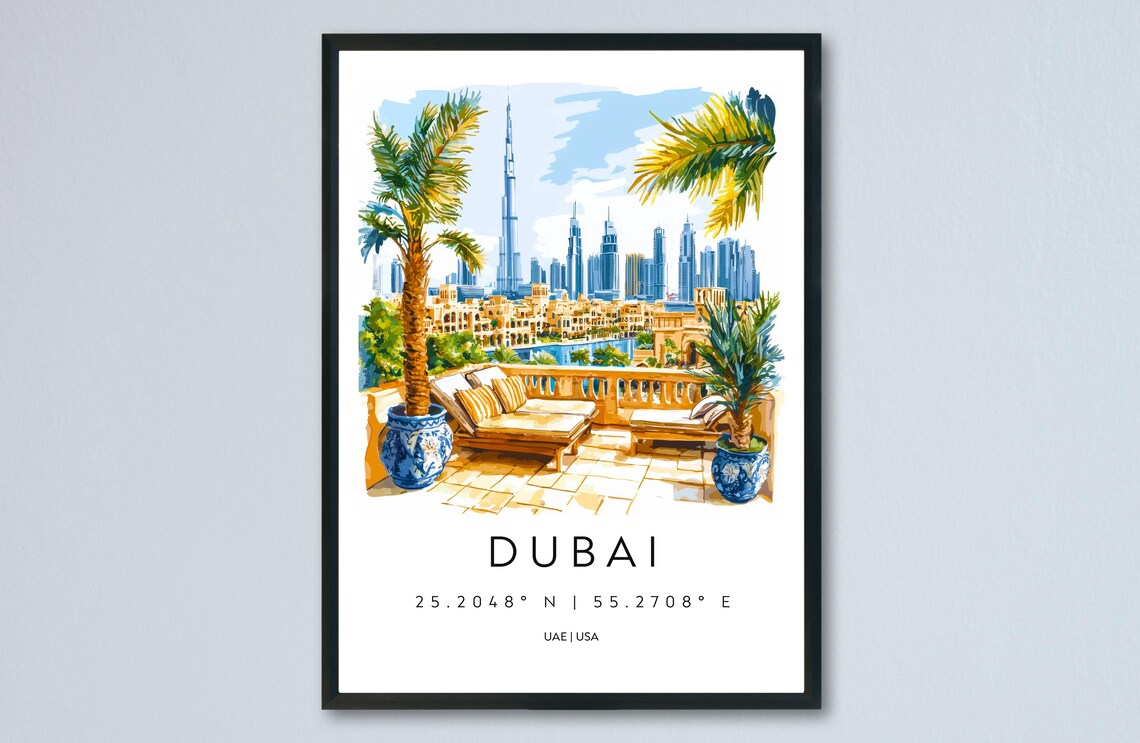 Dubai Skyline Watercolor With Palm Terrace And Burj Khalifa Poster