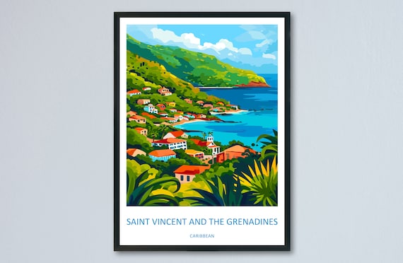 Saint Vincent Grenadines Caribbean Coast Hillside Travel Poster