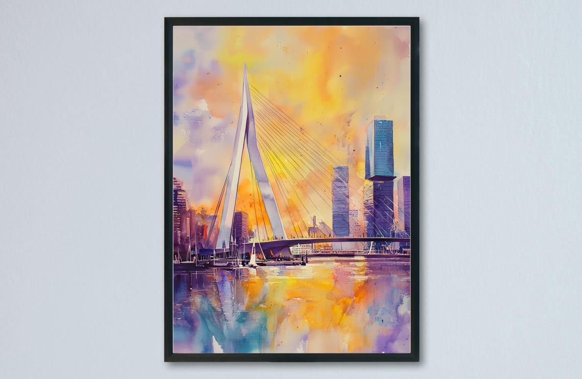 Rotterdam Erasmus Bridge Golden Sunset Watercolor Cityscape Poster