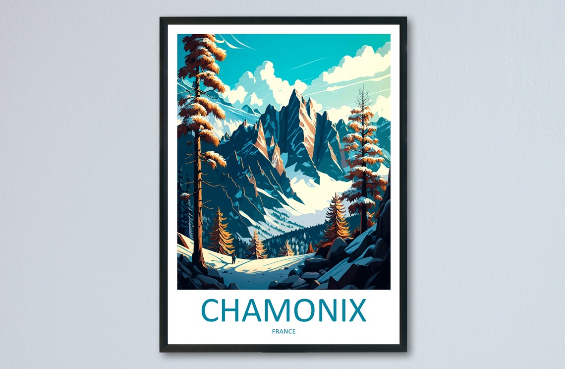 Chamonix France Alpine Mountain Snow Peaks Pines Scene Poster