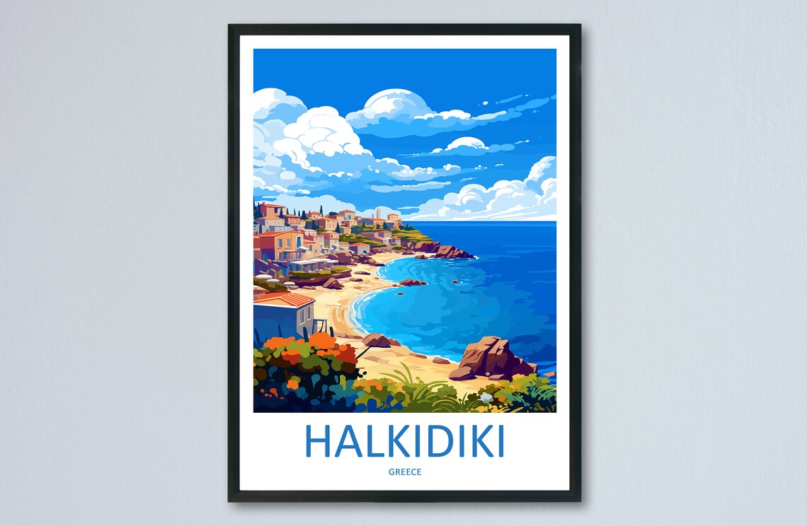 Halkidiki Greece Coastal Town Sandy Beach Vintage Travel Poster