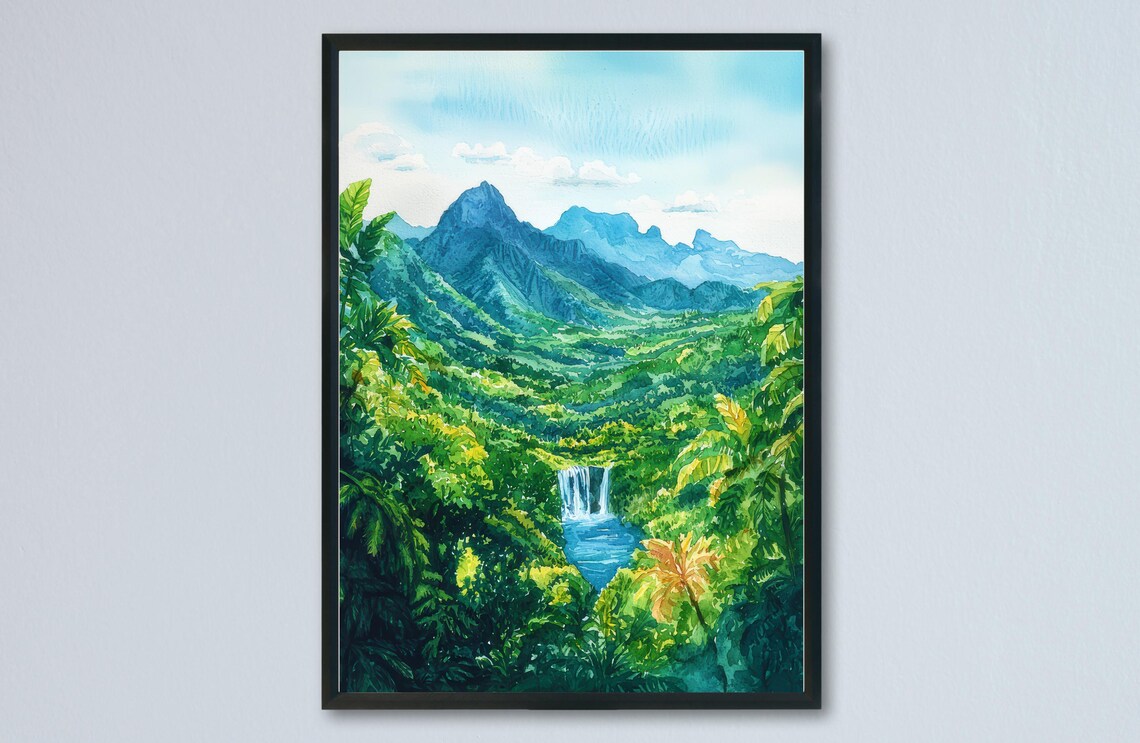 Dominica Watercolor Lush Mountains Waterfall Caribbean Jungle Poster