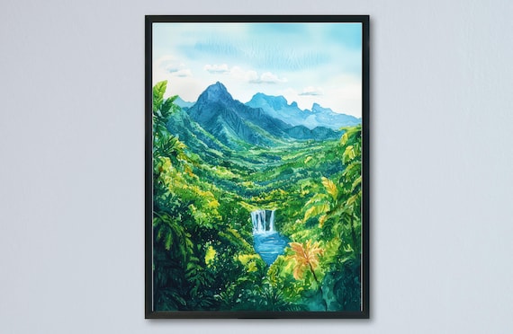 Dominica Watercolor Lush Mountains Waterfall Caribbean Jungle Poster