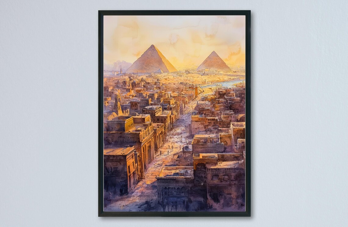 Giza Pyramids Cairo Egypt Desert Cityscape Watercolor Poster