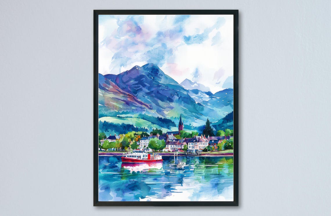 Fort William Harbour Ferry Scottish Highlands Watercolor Poster