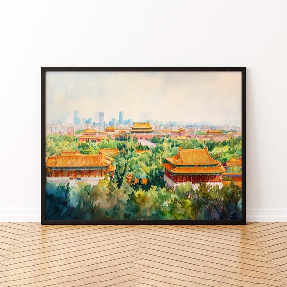 Beijing China Watercolor Poster Travel Print Historic City Painting Forbidden Wall Art Asia Souvenir