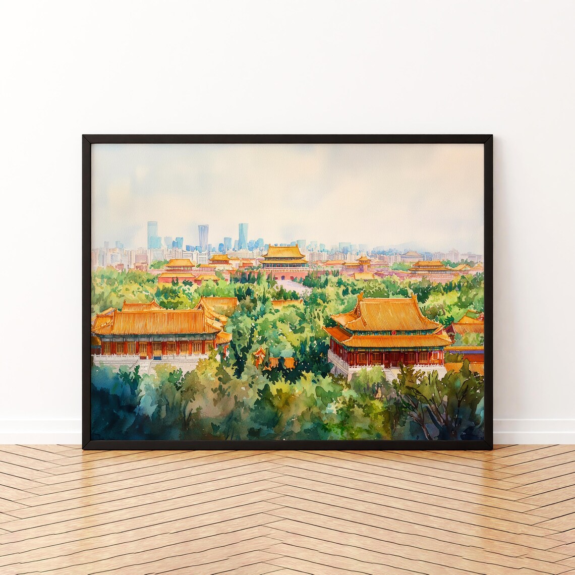 Beijing China Forbidden City Watercolor Poster Golden Roof Temples Skyline