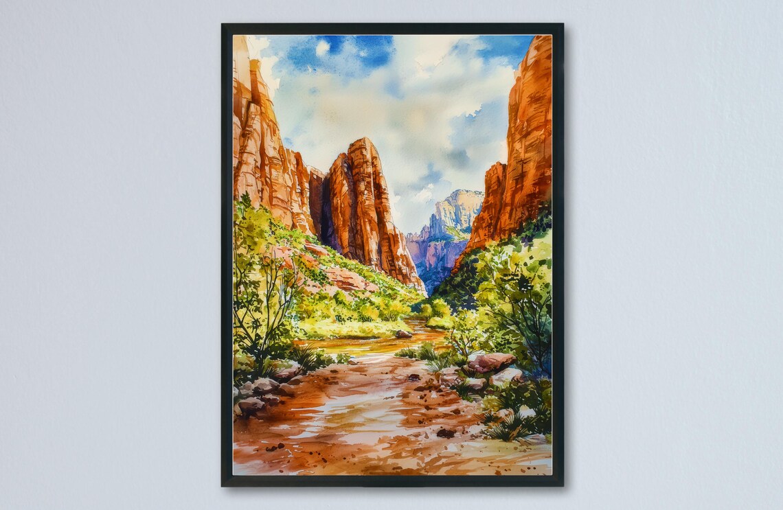 Zion National Park Red Canyon River Watercolor Landscape Poster