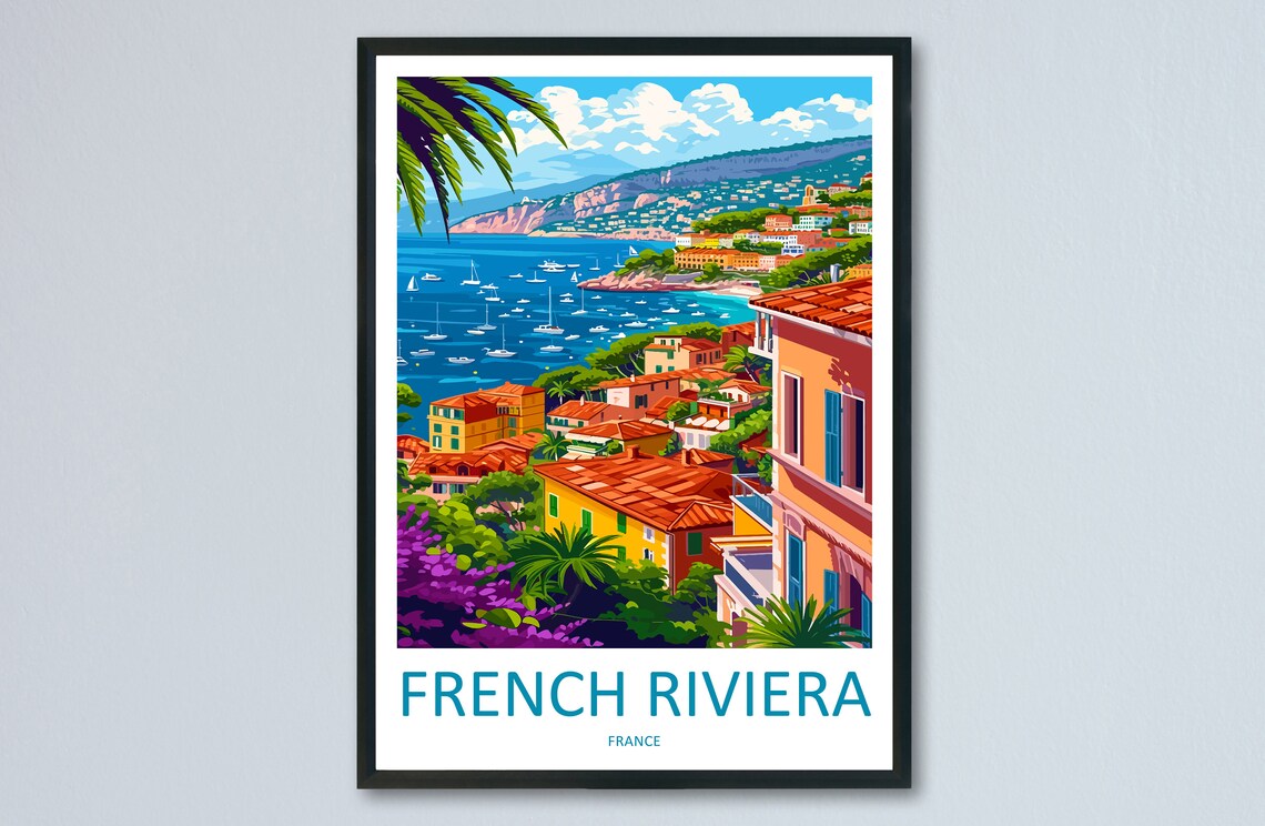 Colorful French Riviera Travel Poster Vibrant Coastal Bay Town
