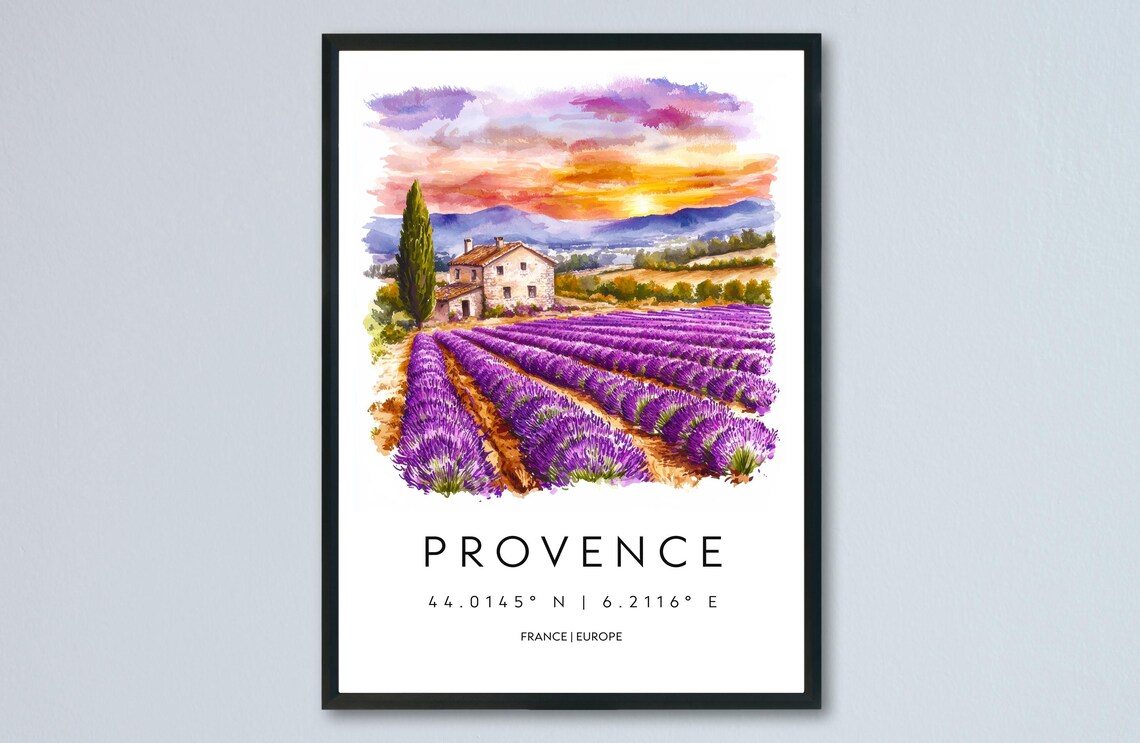 Provence France Lavender Fields Sunset Farmhouse Watercolor Poster