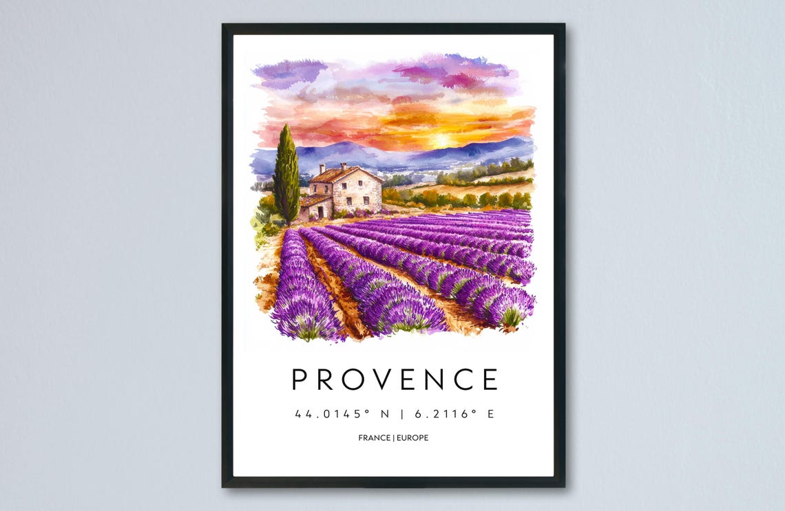 Provence Watercolor Poster Travel Print France Wall Art Decor Lavender Field Scene Countryside French Landscape