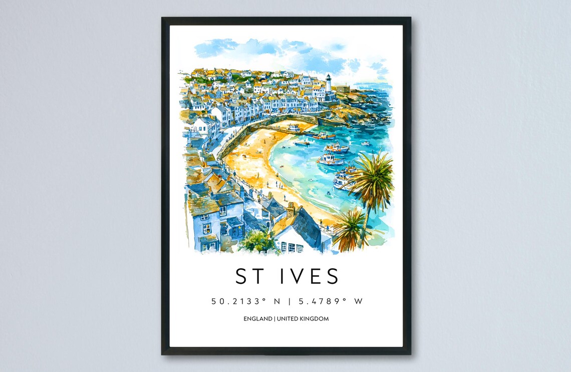 St Ives England Harbor Beach Boats Watercolor Seaside Travel Poster