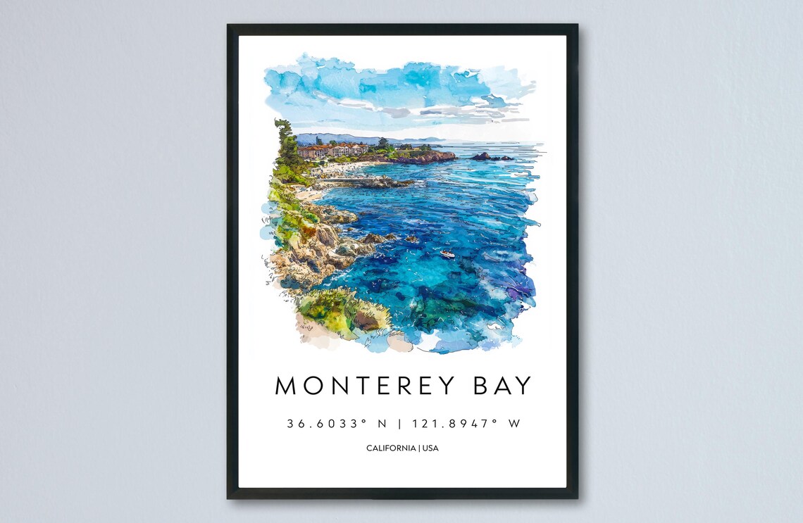 Monterey Bay California Coastal Cove Waves Watercolor Travel Poster