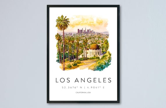 Los Angeles California Watercolor Skyline Palm Trees Observatory Travel Poster