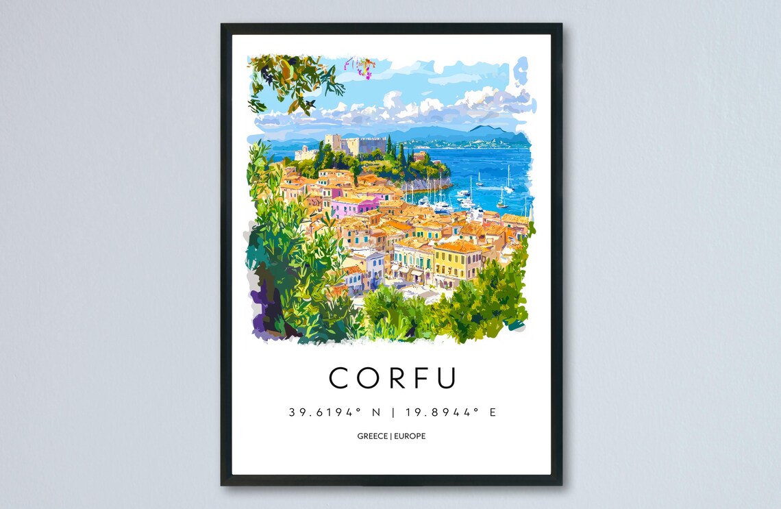 Corfu Greece Colorful Old Town Harbor Watercolor Travel Poster