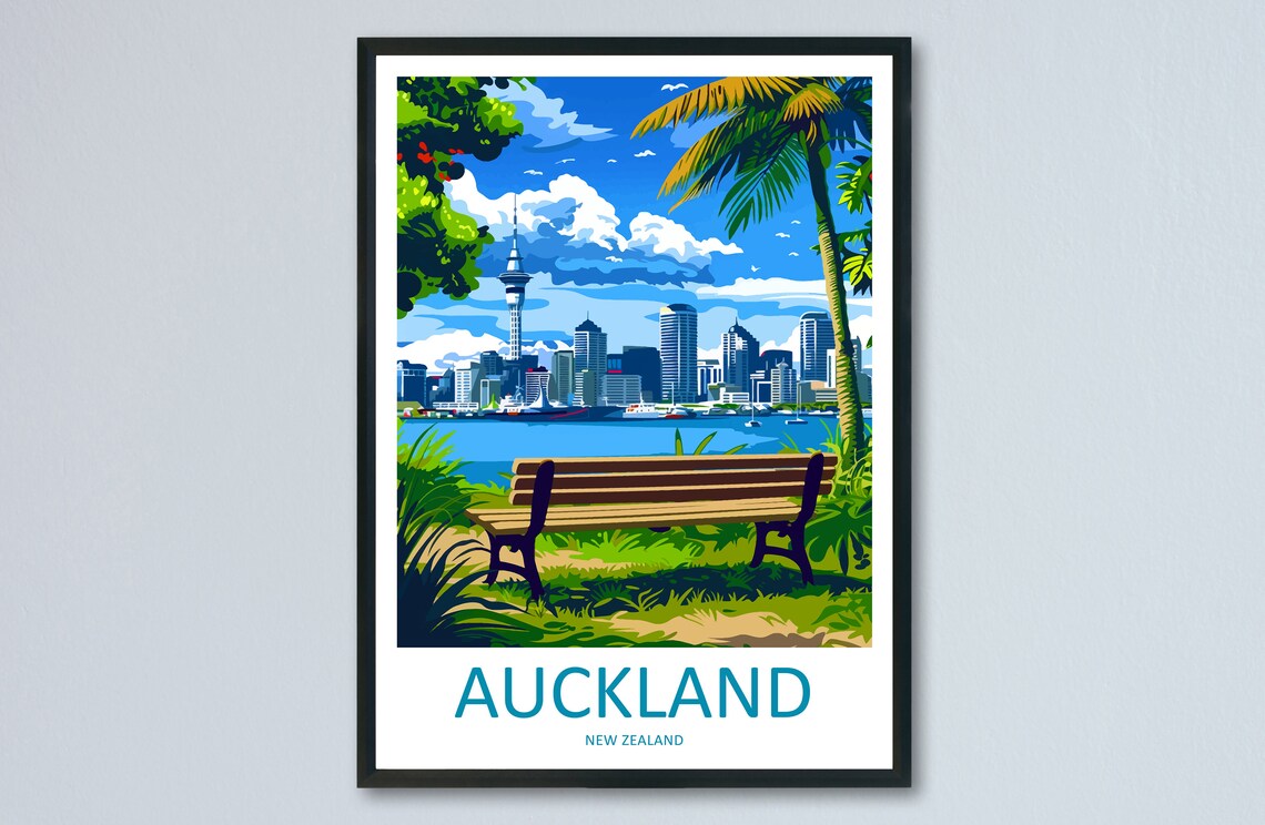 Auckland New Zealand Skyline View from a Lush Park Bench Poster