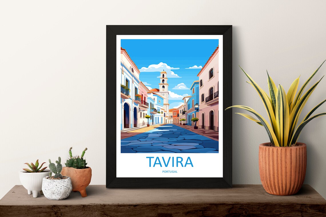 Tavira Portugal Colorful Old Town Street With Bell Tower Poster - Image 3