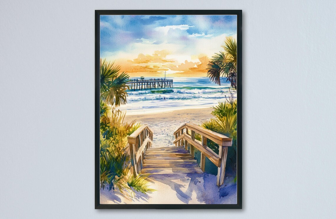Sandy Beach Boardwalk Stairs Ocean Pier Sunset Watercolor Poster