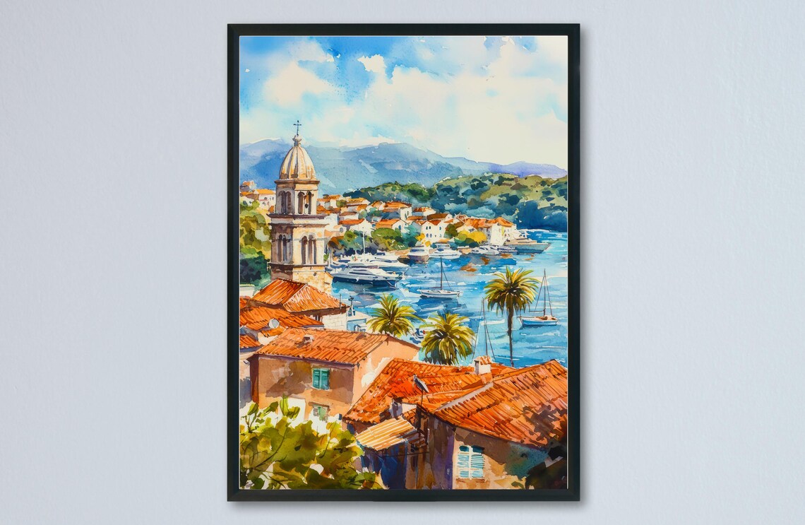 Cavtat Croatia Harbor Bell Tower Coastal Watercolor Travel Poster