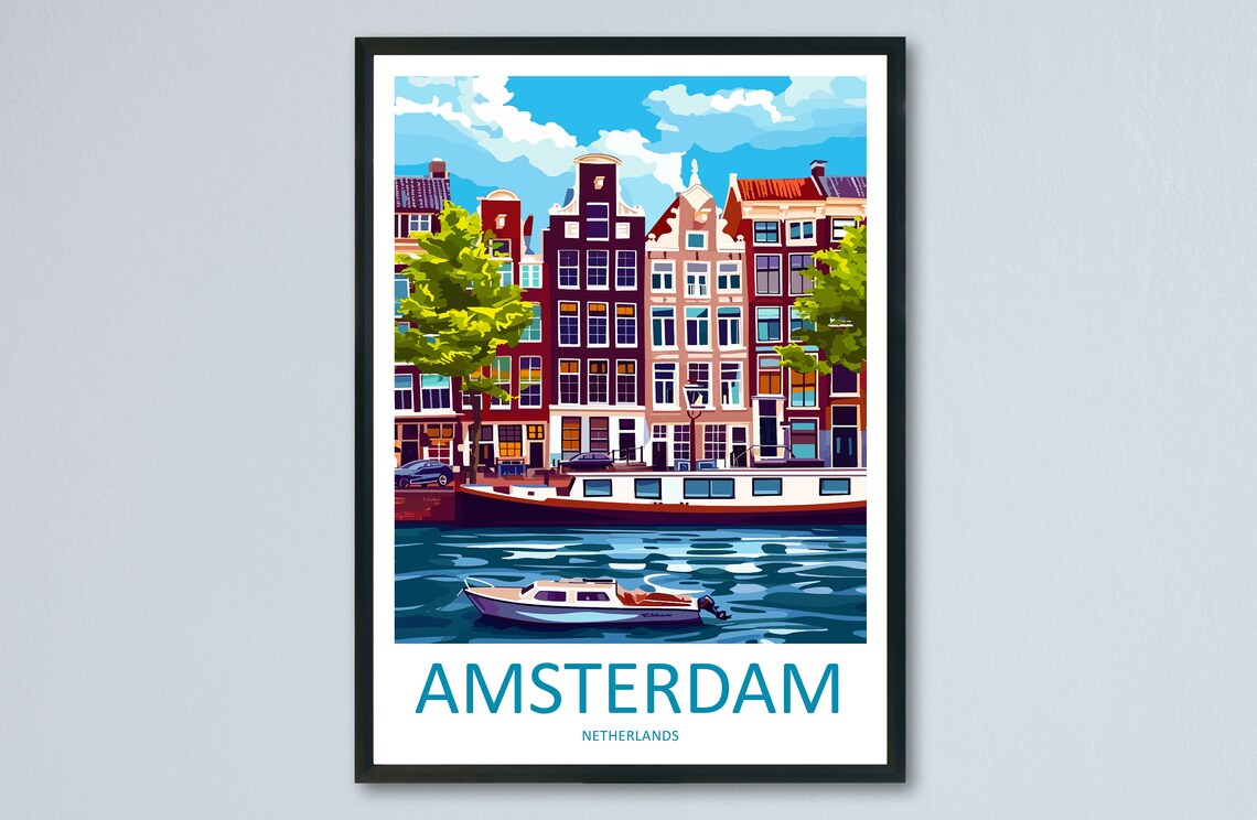 Amsterdam Netherlands Daytime Canal Houseboat Row Houses Travel Poster