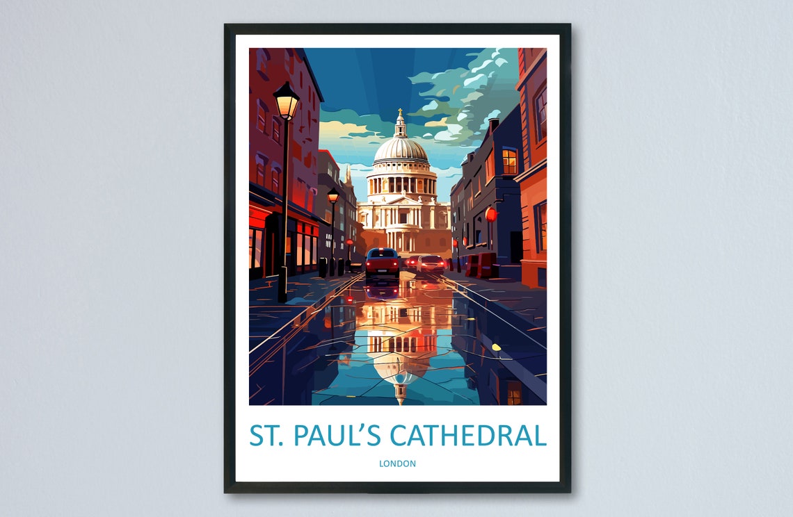 St Paul's Cathedral London Rainy Street Reflection Travel Poster