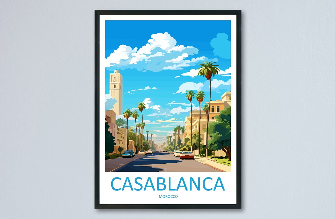 Casablanca Morocco Palm Avenue Mosque Minaret Vintage Travel Poster