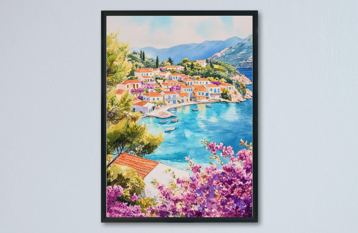 Kefalonia Watercolor Travel Poster, Greece Wall Art