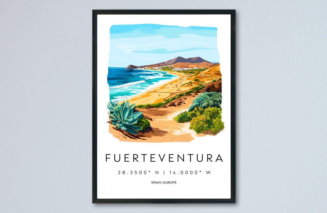 Fuerteventura Watercolor Spain Sandy Beach Surf Dunes Travel Poster