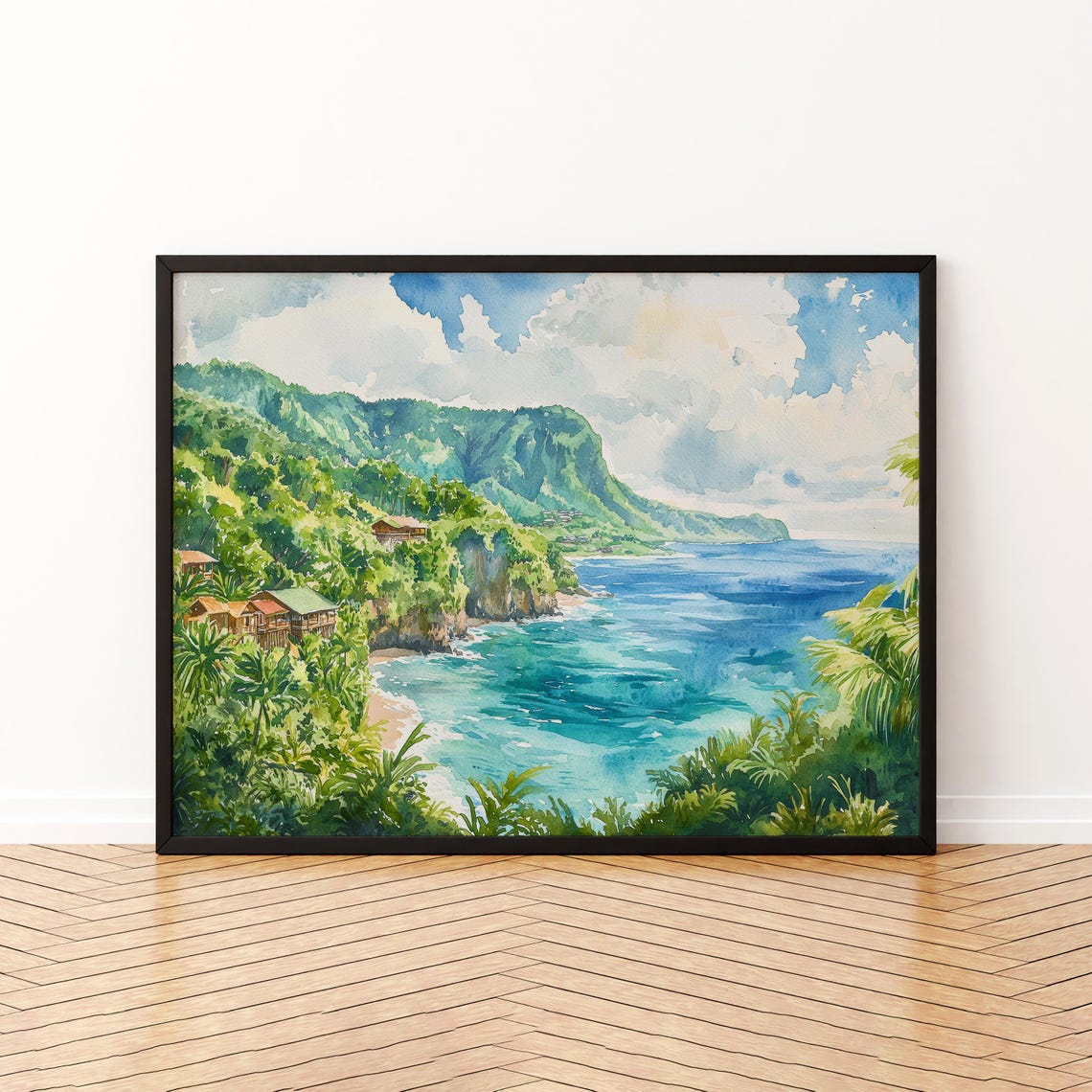 Dominica Caribbean Lush Coastal Cliffs Watercolor Landscape Poster