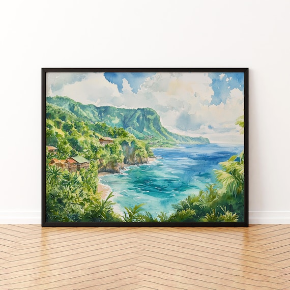 Dominica Caribbean Lush Coastal Cliffs Watercolor Landscape Poster
