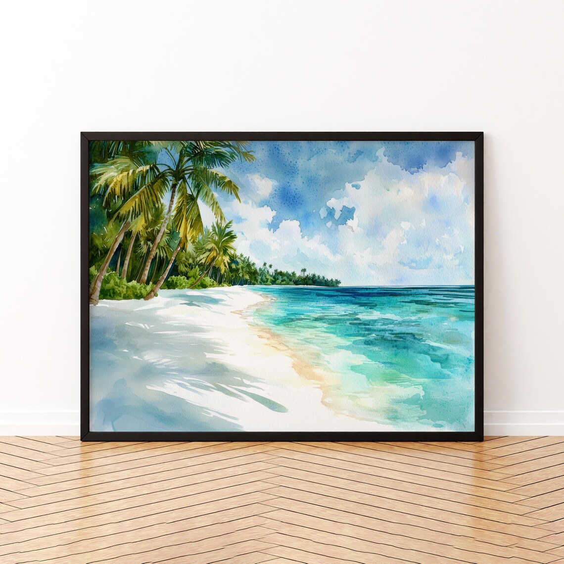 Maldives Tropical Beach Palm Trees and Turquoise Water Watercolor Poster