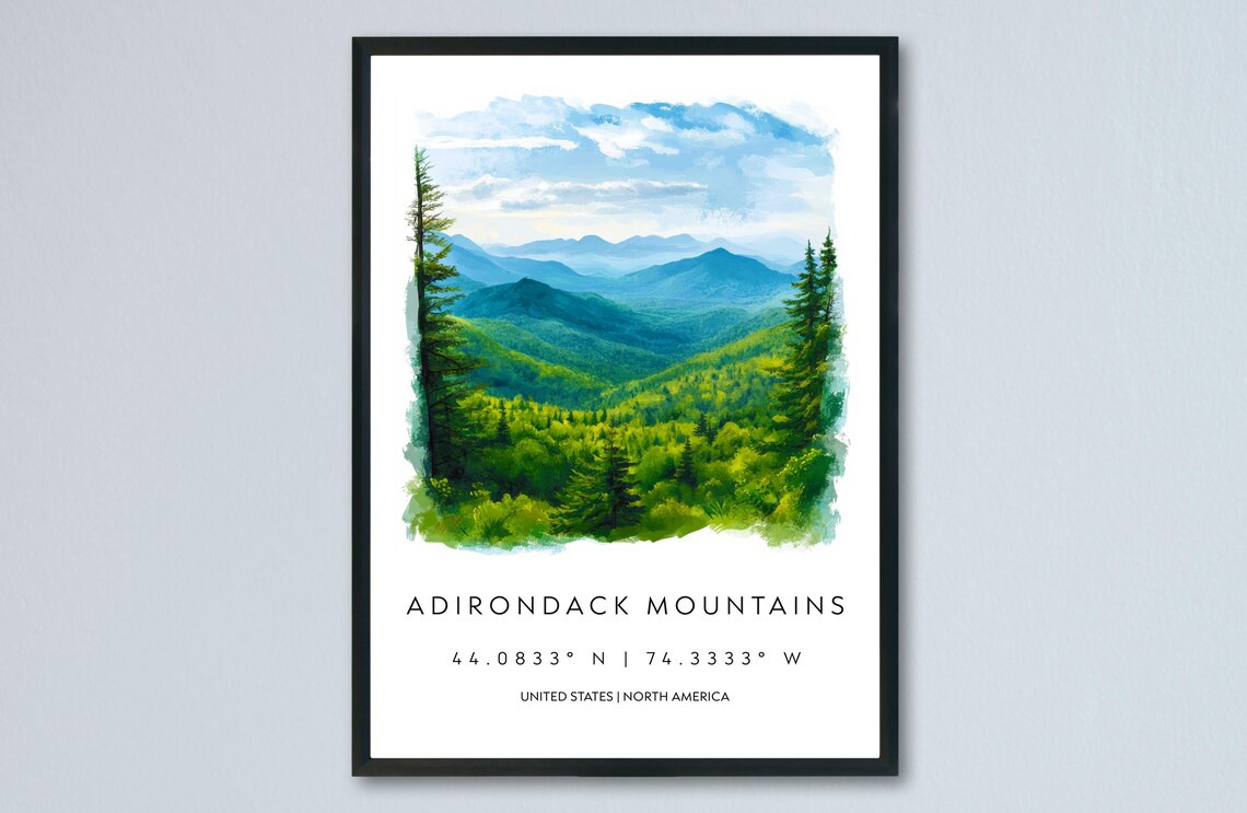 Adirondack Mountains Green Ridges Watercolor Landscape Poster