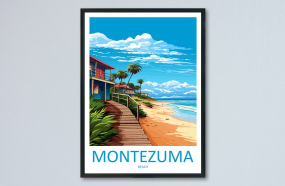 Montezuma Beach Costa Rica Boardwalk and Palms Vintage Poster