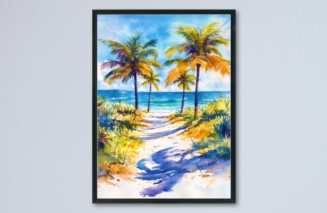 Tropical Palm Tree Beach Pathway Watercolor Landscape Poster