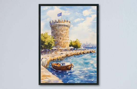 Thessaloniki Watercolor Travel Poster, Greek City Print