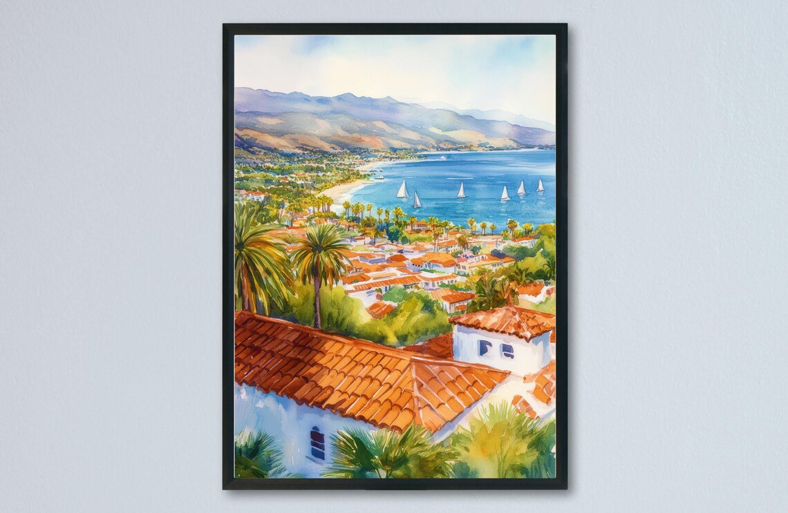 Santa Barbara Harbor Sailboats Red Tile Roofs Watercolor Art Poster