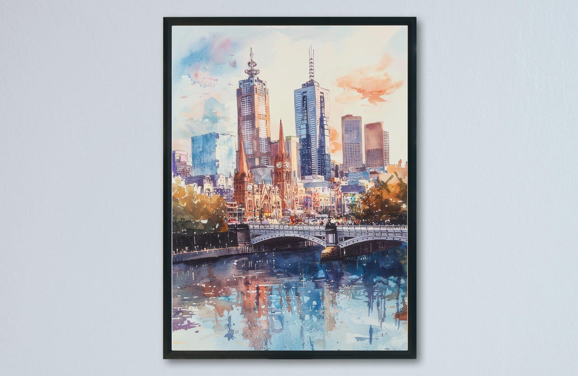 Melbourne Skyline Yarra River Sunset Cityscape Watercolor Poster
