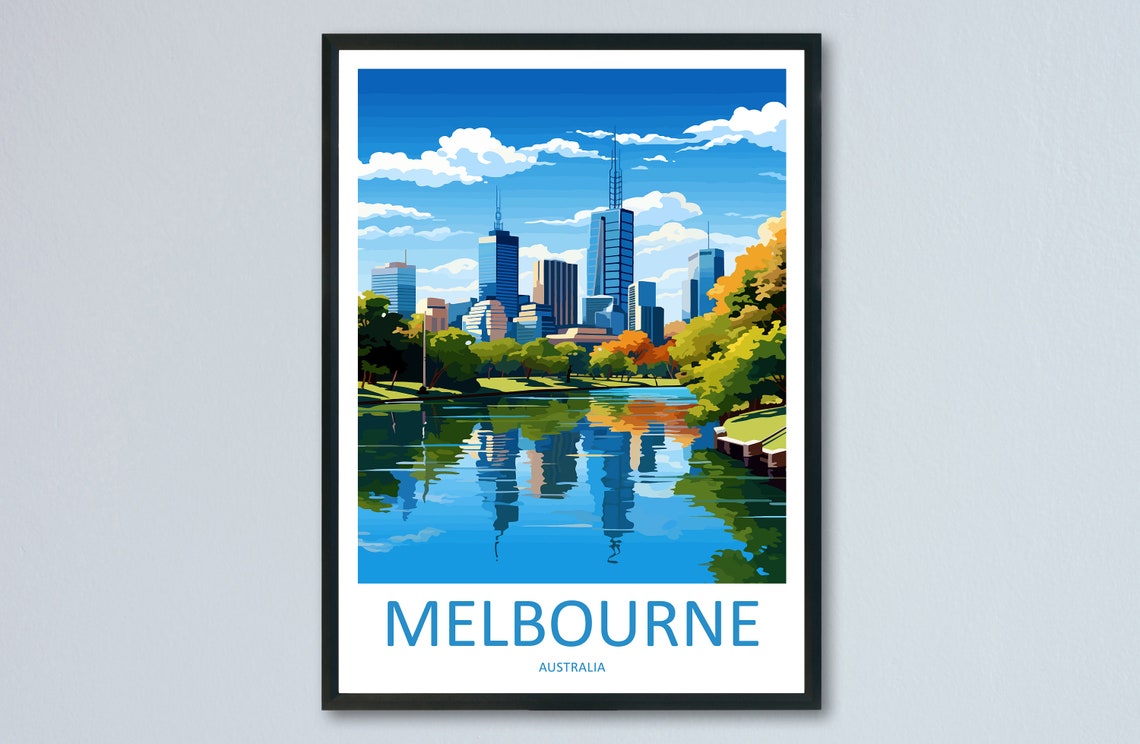 Melbourne Australia Skyline River Reflection City Travel Poster