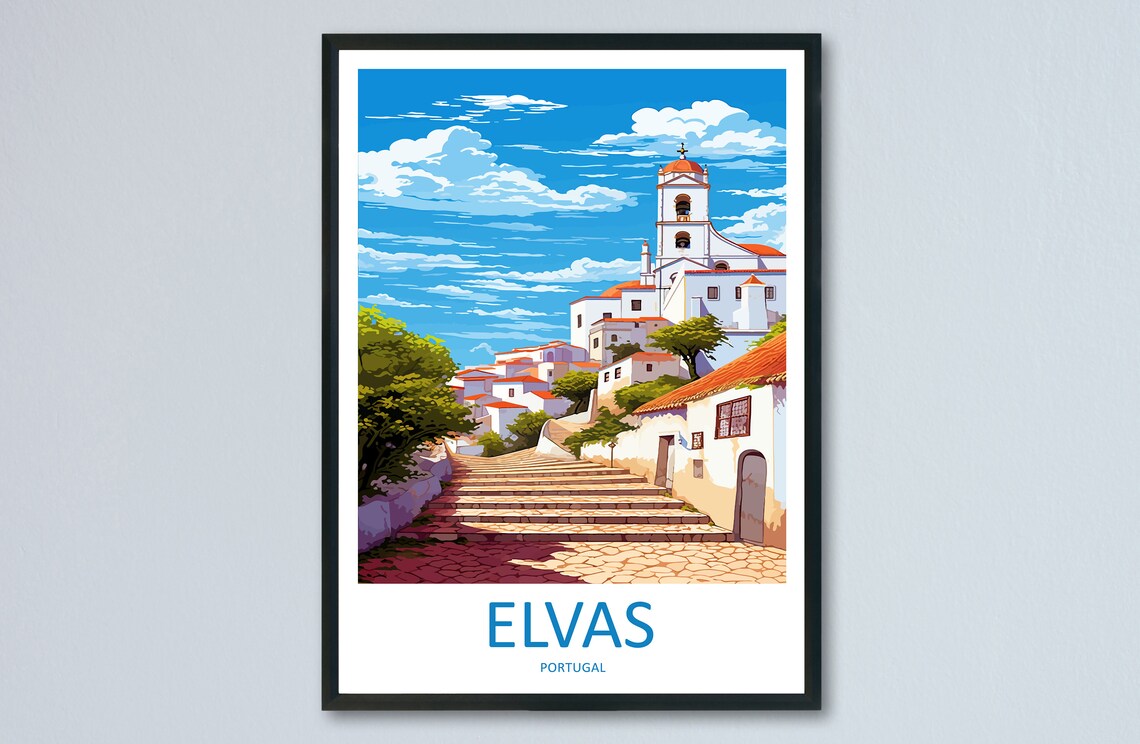 Elvas Portugal White Hilltop Village Church Stone Steps Travel Poster
