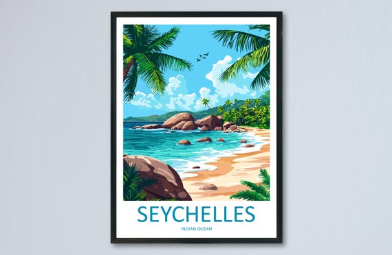 Seychelles Travel Poster Ocean Wall Art Island Beach Print Tropical View Illustration Coastal Decor Gift Souvenir
