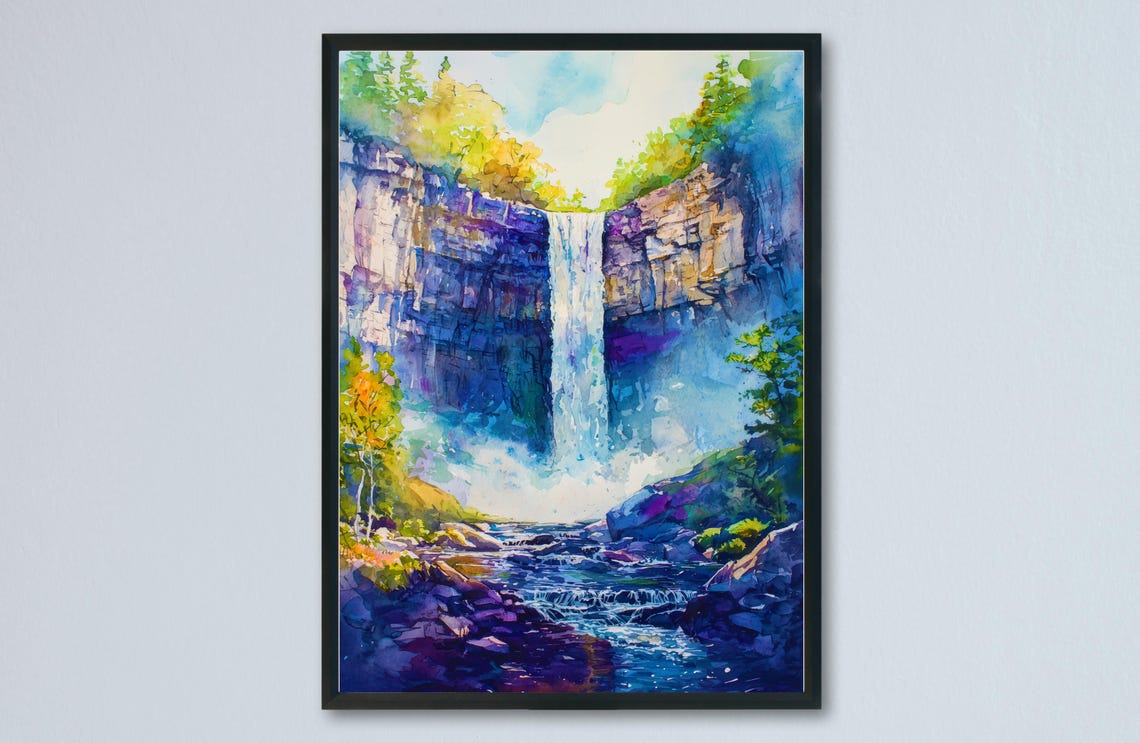 Taughannock Falls Tall Waterfall Gorge Autumn Watercolor Poster