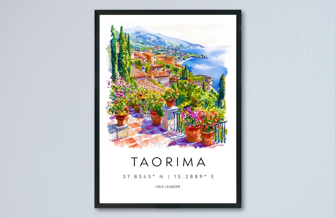 Taormina Watercolor Travel Poster, Sicily Decor