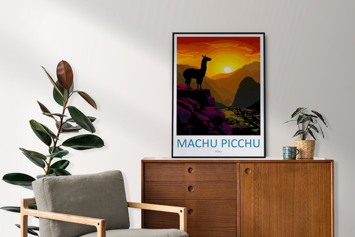 Machu Picchu Peru Llama Silhouette Fiery Sunset Valley Travel Poster - Image 2