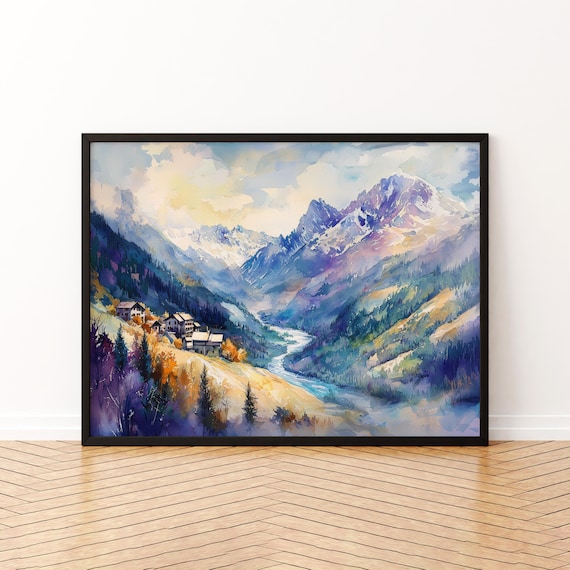 Aosta Valley Watercolor Poster, Italy Landscape