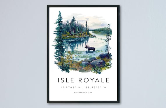 Isle Royale Michigan Watercolor Moose Lake Pines National Park Poster