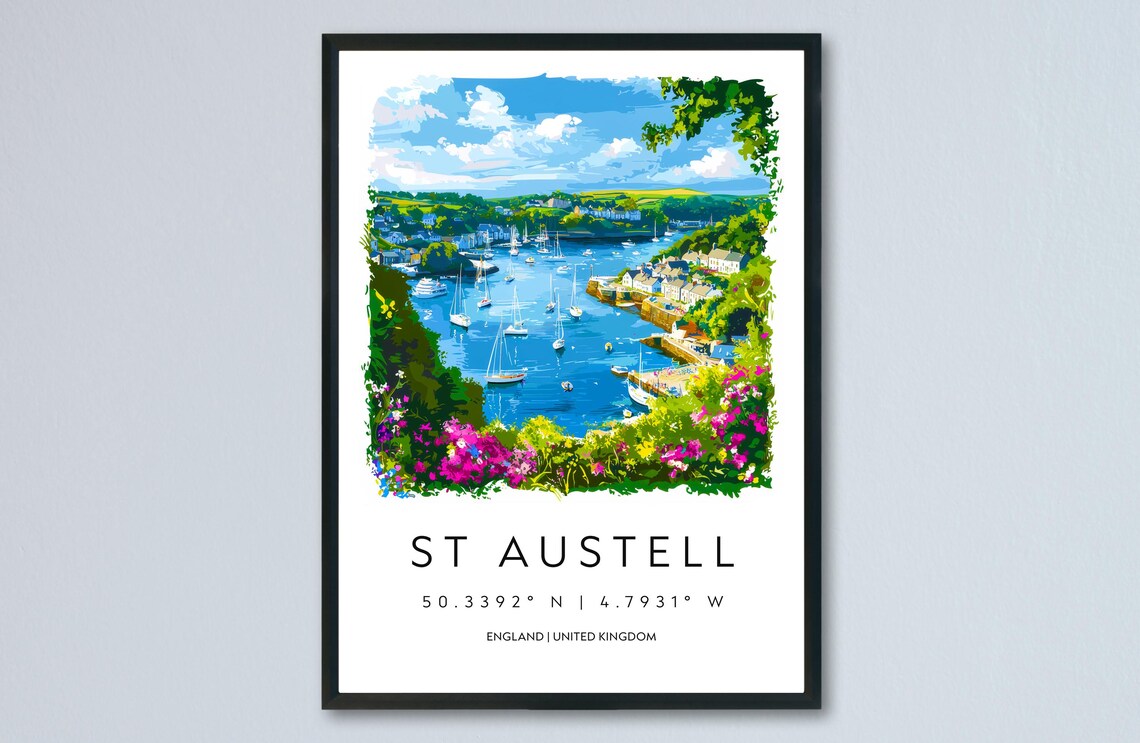 St Austell England Harbor Sailboats Watercolor Seaside Travel Poster