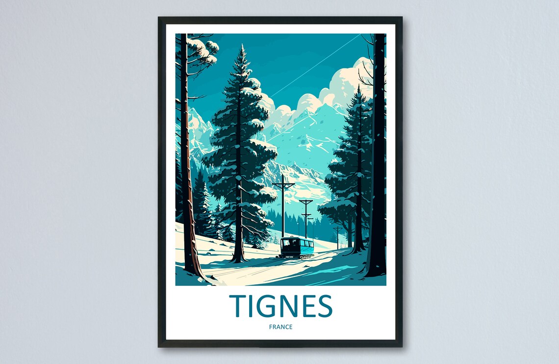 Tignes France Snowy Pine Forest Bus Ride Winter Travel Poster Art