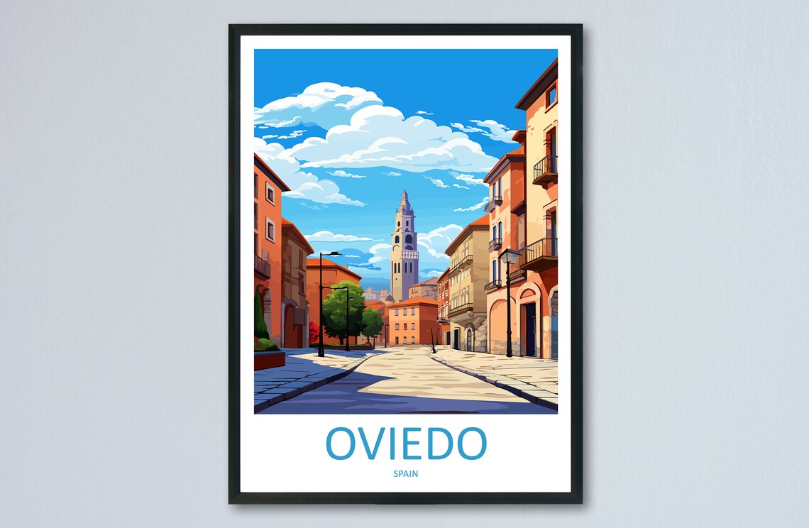 Oviedo Spain Sunlit Old Town Street Plaza Bright Travel Poster